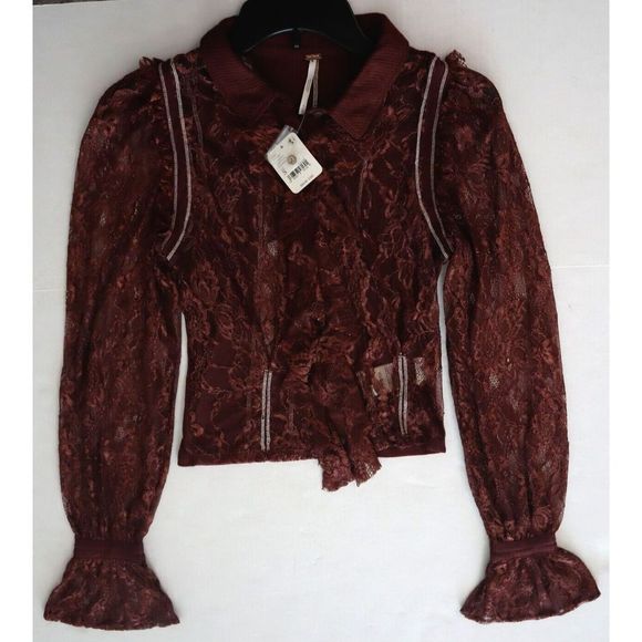 Free People OB1501032 Women's Sz S Wine Red This Shirt Tho Lace L/S Blouse $98 - Picture 6 of 8